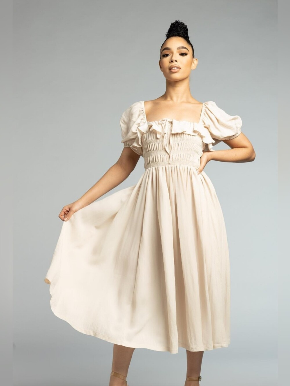 Mable Milkmaid Midi Dress Stretchy Smocked On/Off Shoulder Natural S NWOT